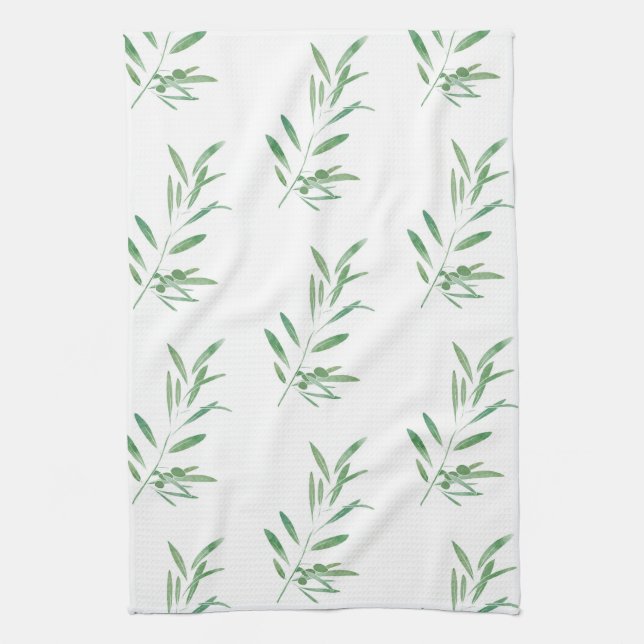 Watercolor Olive Branch Pattern Kitchen Towel (Vertical)