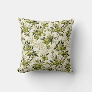 Watercolor Olive Branch Pattern Mediterranean Throw Pillow
