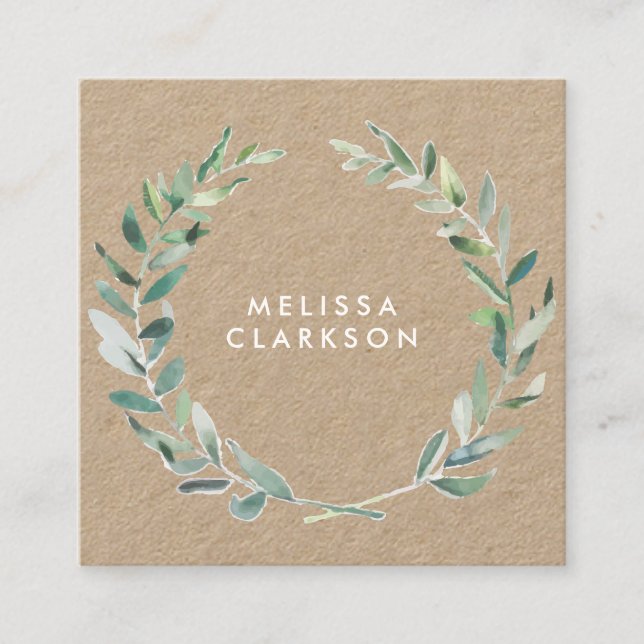 Watercolor olive branch rustic kraft professional square business card (Front)