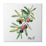 Watercolor Olive Branch Tile<br><div class="desc">The olive, botanical name Olea europaea, meaning 'European olive', is a species of small tree or shrub in the family Oleaceae, found traditionally in the Mediterranean Basin. This beautiful personalized watercolor olive branch ceramic tile is painted in beautiful hues using both wet-on-wet and wet-on-dry watercolor techniques. Check out this design...</div>