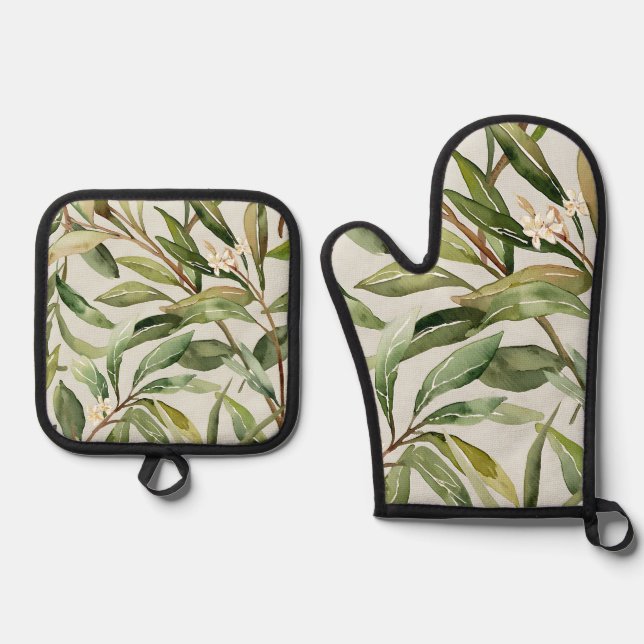 Watercolor Olive Branches Botanical Oven Mitt & Pot Holder Set (Front)