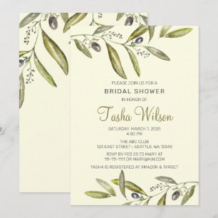 Watercolor olive branches bridal shower invitation