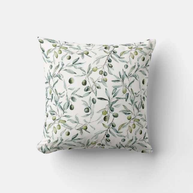 Watercolor Olive Branches Green Neutral Pattern Throw Pillow (Front)