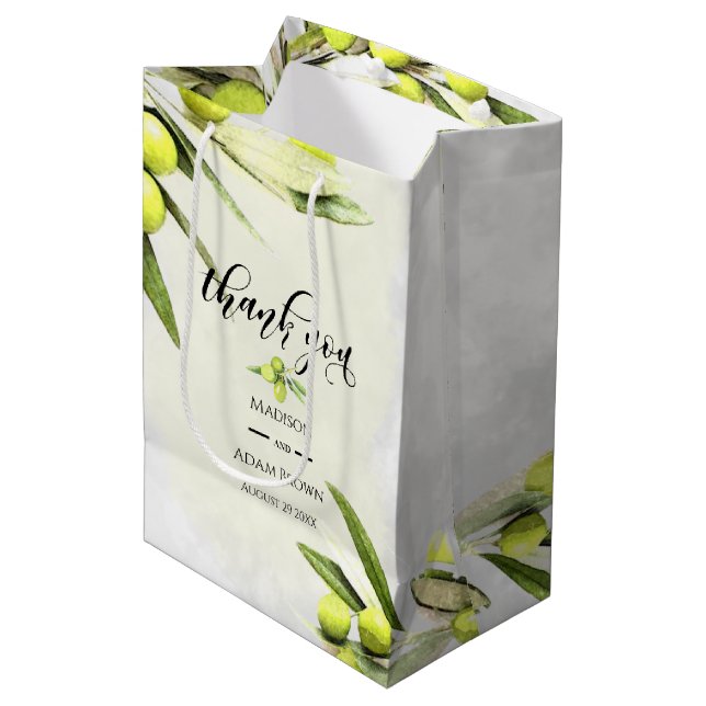 Watercolor Olive Branches Wedding Thank You Medium Gift Bag (Front Angled)