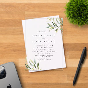 Watercolor Olive Green Leaves Wedding Acrylic Invitations