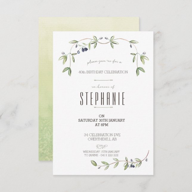 Watercolor Olive leaf vine invitation (Front/Back)