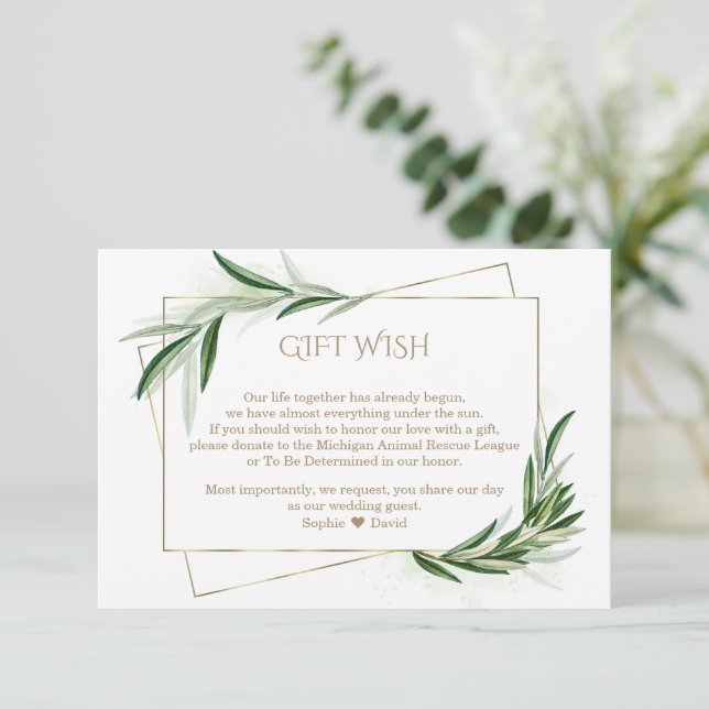 Watercolor Olive Leaves Gold Wedding Gift Wish   Enclosure Card (Standing Front)