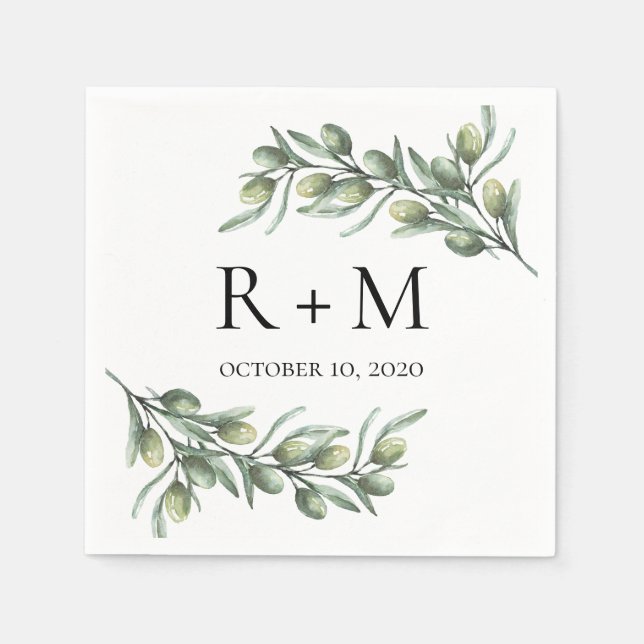 Watercolor olive leaves. Italian summer wedding Napkin (Front)