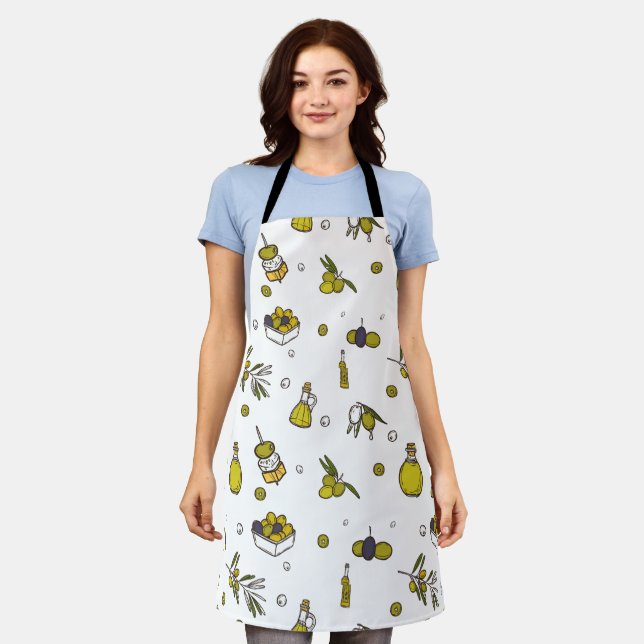Watercolor Olive, Olive Branch & Oil Bottle Apron (Worn)