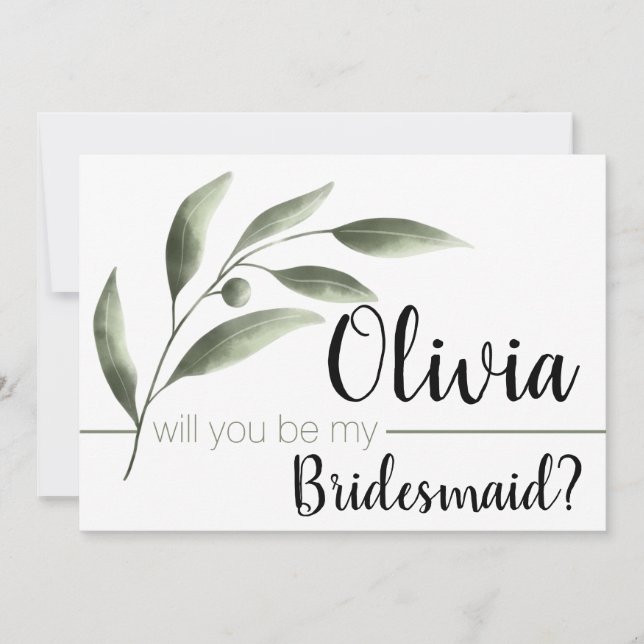 Watercolor Olive Will You Be My Bridesmaid Cards (Front)