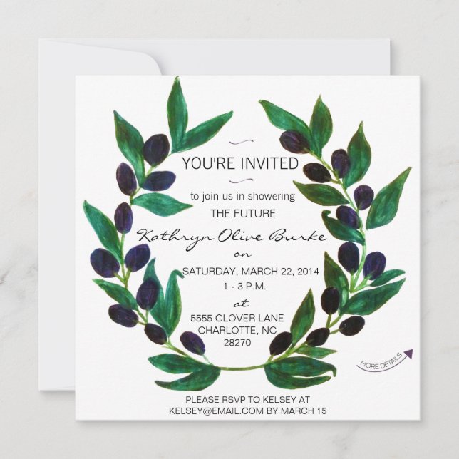 Watercolor Olive Wreath Bridal Shower Invitation (Front)