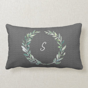 Watercolor olive wreath grey burlap monogram lumbar pillow