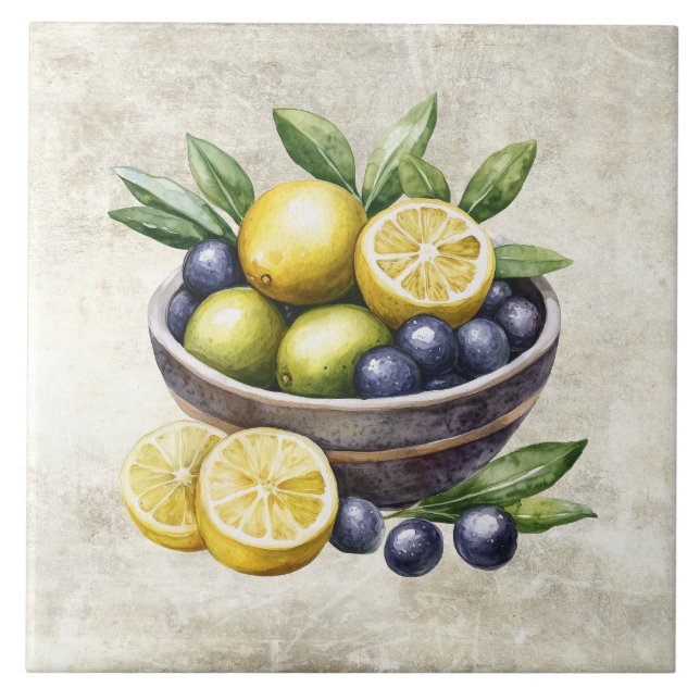 Watercolor Olives Lemons Limes Faux Texture  Tile (Front)