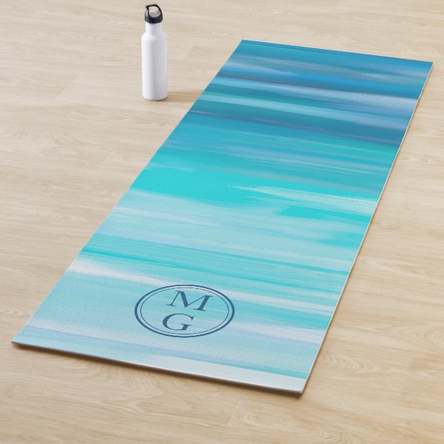 Watercolor Ombre Abstract Navy Blue Aqua Monogram Yoga Mat (In Situ)