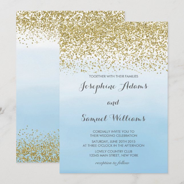 Watercolor Ombre Blue and Gold Wedding Invitation (Front/Back)