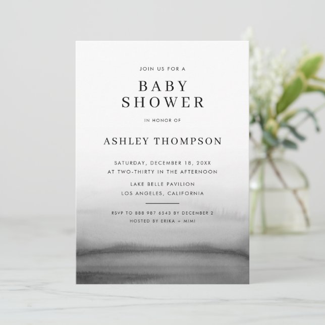 Watercolor Ombre Dark Grey Modern Baby Shower Invitation (Standing Front)