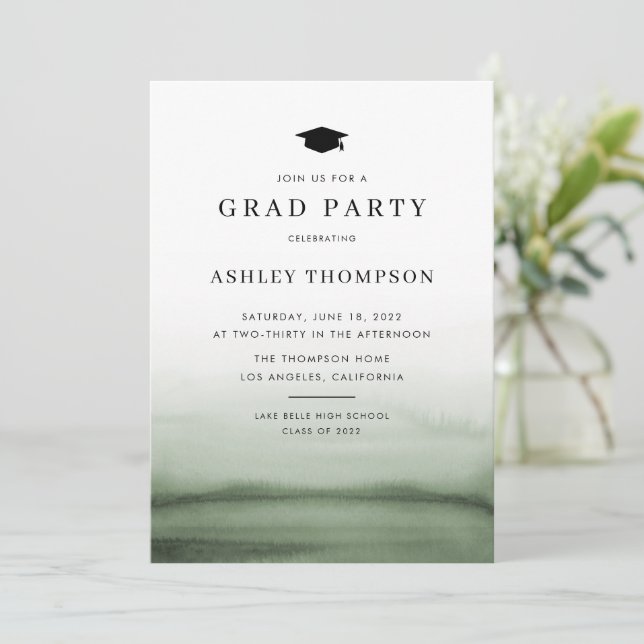 Watercolor Ombre Green Modern Graduation Party Invitation (Standing Front)
