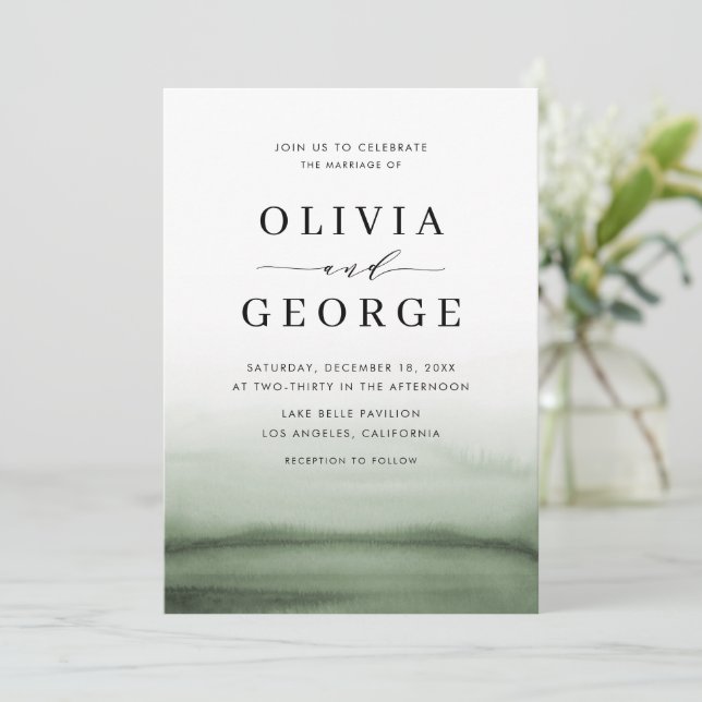 Watercolor Ombre Green Modern Wedding Invitation (Standing Front)