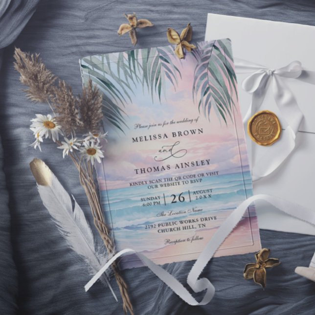 Watercolor On The Beach Elegant QR Code Wedding Invitation (Creator Uploaded)