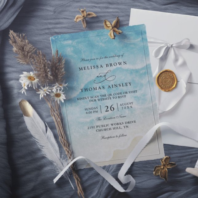 Watercolor On the Beach Elegant QR Code Wedding Invitation (Creator Uploaded)