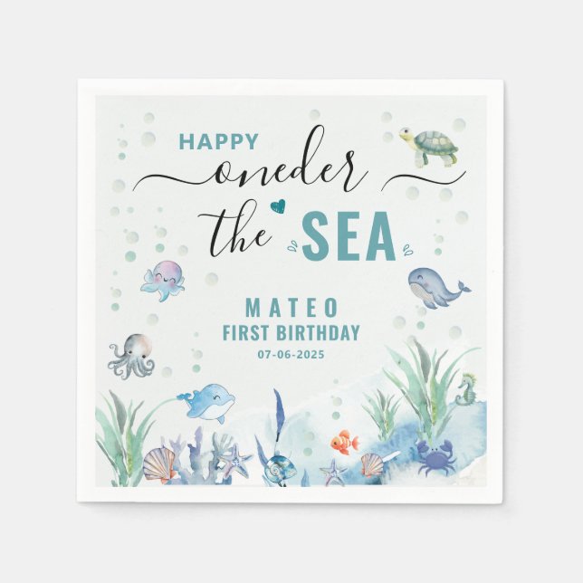 Watercolor One-der The sea 1st birthday Napkin (Front)