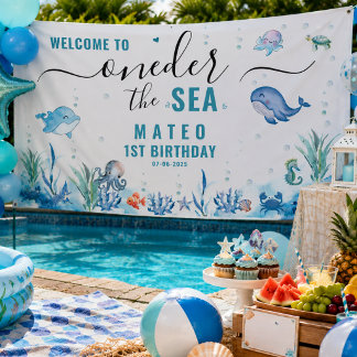 Watercolor One-der The sea 1st birthday Welcome Banner