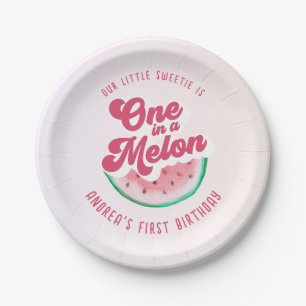 Watercolor One in A Melon Retro First Birthday Paper Plate