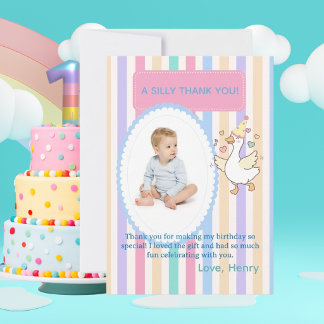 ​Watercolor One Silly Goose Boy 1st Birthday Photo Thank You Card