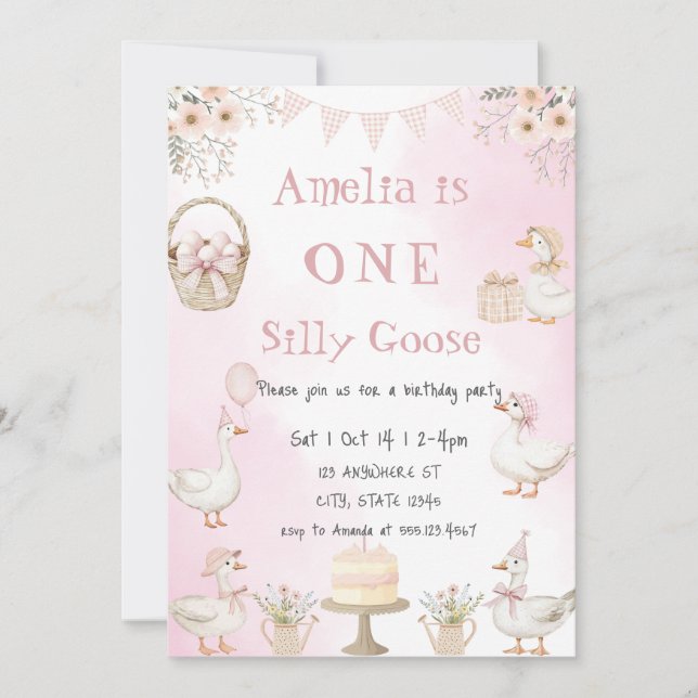 Watercolor One Silly Goose Pink Gingham Birthday Invitation (Front)