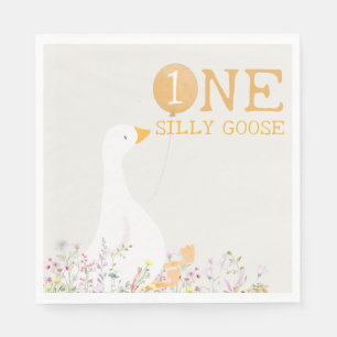 Watercolor One Silly Goose Wildflower 1st Birthday Napkin
