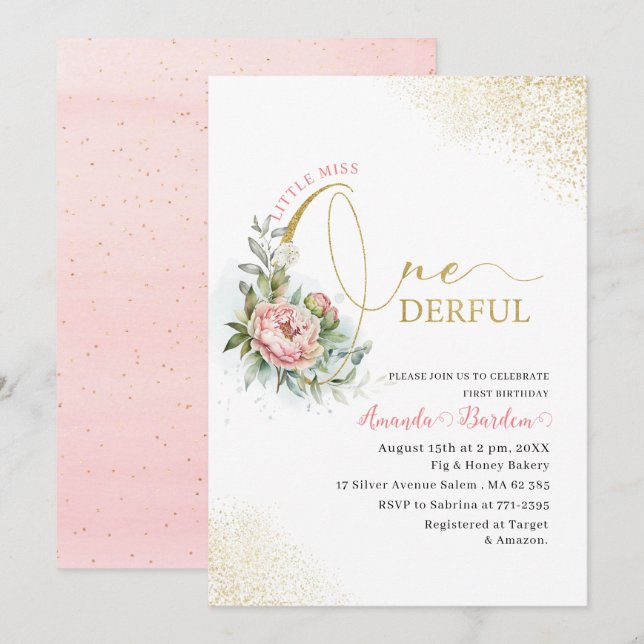 Watercolor ONEderful 1st Birthday Little blush peo Invitation (Front/Back)