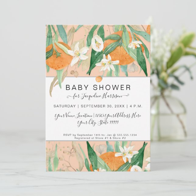Watercolor Orange a Little Cutie Eucalyptus Shower Invitation (Standing Front)