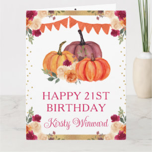Watercolor Orange and Red Floral Pumpkins Birthday Card