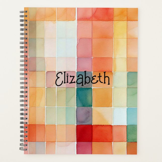 Watercolor Orange and Teal Plaid Planner (Front)