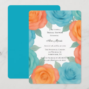 Watercolor Orange and Teal Roses Bridal Shower Invitation