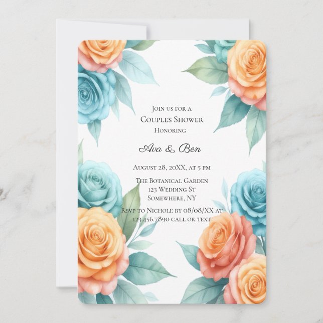 Watercolor Orange and Teal Roses Couples Shower Invitation (Front)
