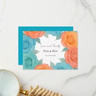 Watercolor Orange and Teal Roses Wedding Thank You Card
