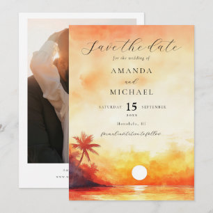 Watercolor Orange Beach Sunset Photo Wedding Save The Date