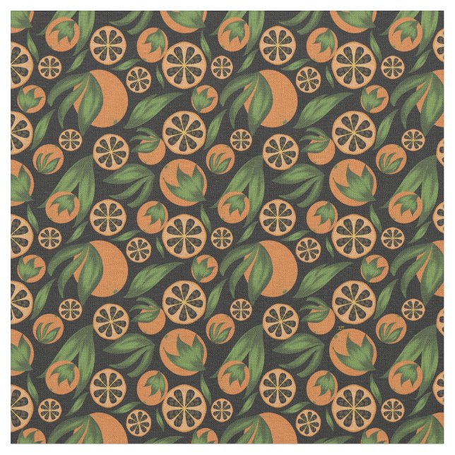 Watercolor Orange Black Fruit Pattern Fabric (Close Up)