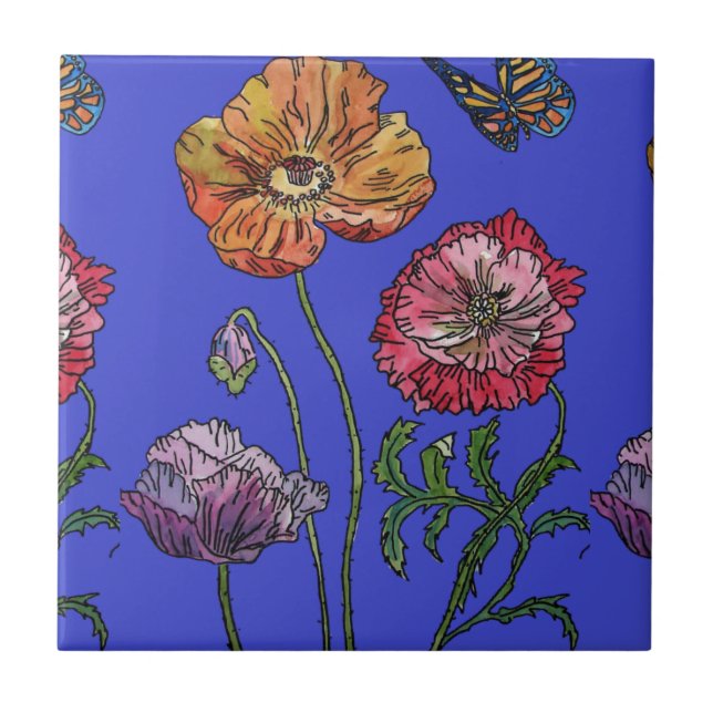 Watercolor Orange Blue Poppy Floral Ceramic Tile (Front)
