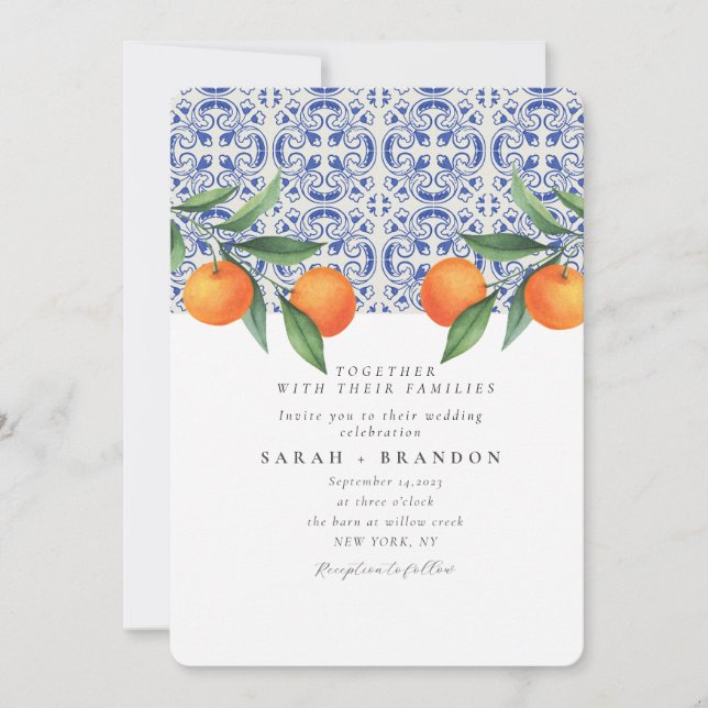 Watercolor Orange Blue tile Mediterranean Wedding Invitation (Front)