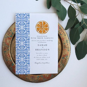 Watercolor Orange Blue tile Mediterranean Wedding Invitation