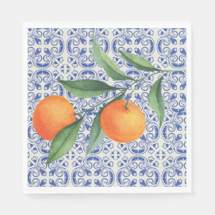 Watercolor Orange Blue tile Mediterranean Wedding Napkin