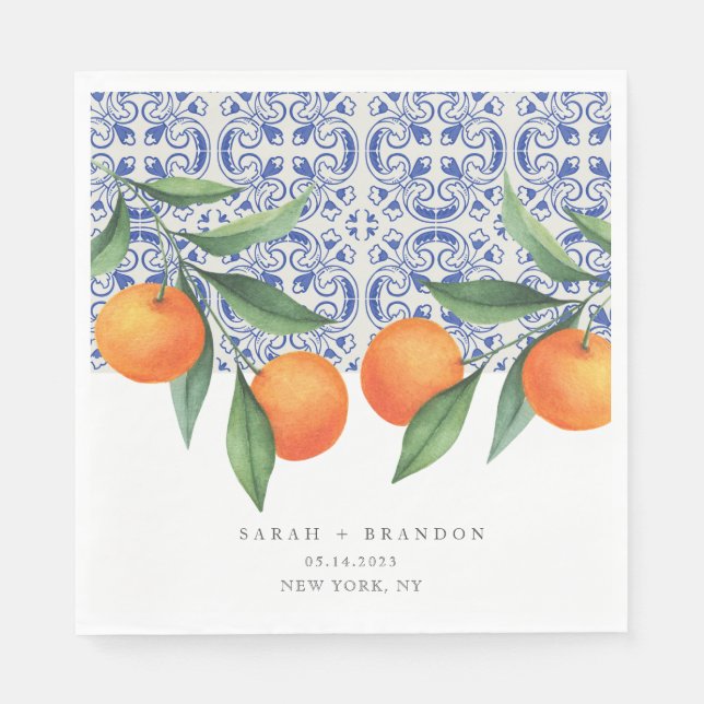 Watercolor Orange Blue tile Mediterranean Wedding Napkin (Front)