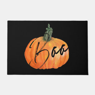 Watercolor Orange Boo Pumpkin Black Cute Halloween Doormat