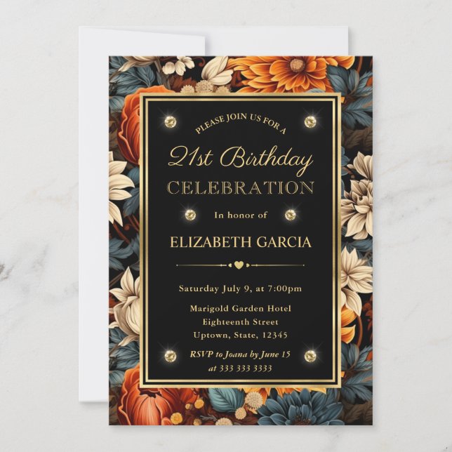 Watercolor Orange Brown Fall Leaves 21st Birthday Invitation (Front)