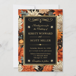 Watercolor Orange Brown Fall Leaves Wedding Invitation