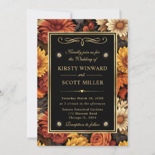 Watercolor Orange Brown Fall Leaves Wedding Invitation