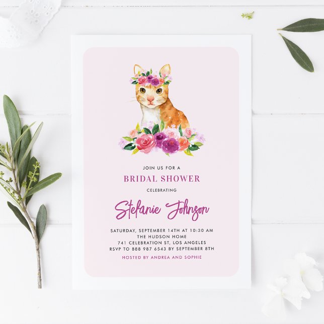 Watercolor Orange Cat Purple Flowers Bridal Shower Invitation (Creator Uploaded)