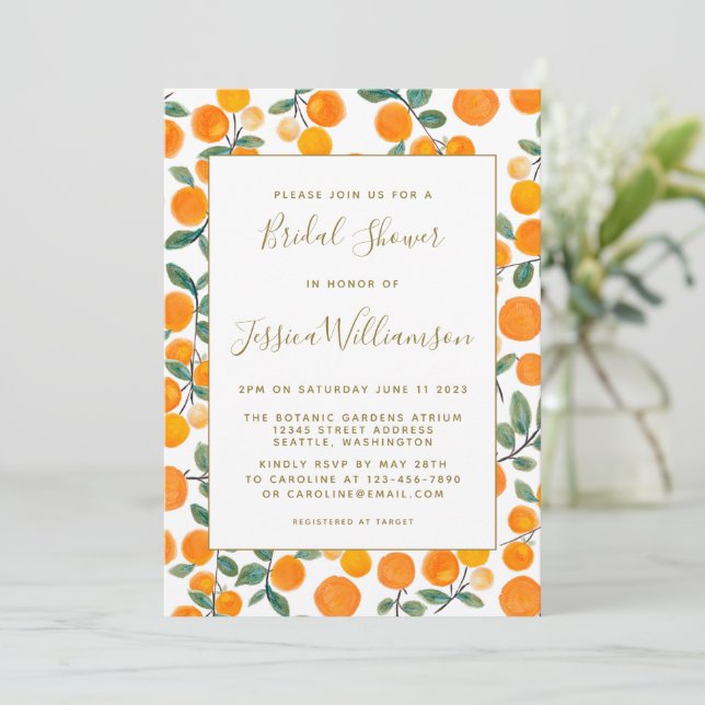 Watercolor Orange Citrus Custom Bridal Shower Invi Invitation (Standing Front)